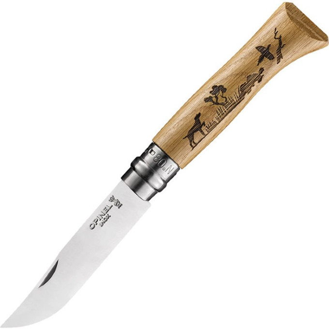 Нож OPINEL №8, нержавеющая сталь, рукоять дуб, гравировка собака, 002335